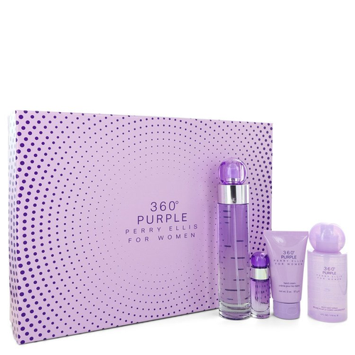 Perry Ellis 360 Purple by Perry Ellis Gift Set -- 3.4 oz Eau de Parfum Spray + .25 oz Mini EDP Spray + 2 oz Hand Cream + 4 oz Body Spray