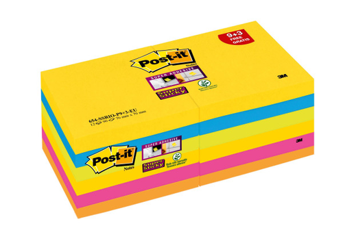 POST-IT Super Sticky Notes 76x76mm 654SR9+3 Rio 5 Farben 12 x 90 Blatt