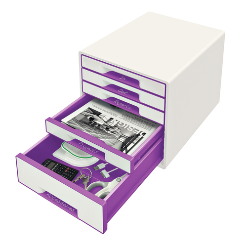 LEITZ Schubladenbox WOW Cube A4 52142062 weiss/violett, 5 Schubladen