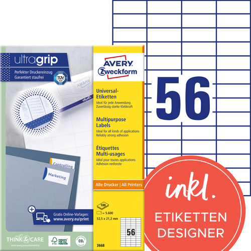 AVERY ZWECKFORM Universal-Etikett. 52,5x21,2mm 3668 weiss 5600 Stk./100 Blatt
