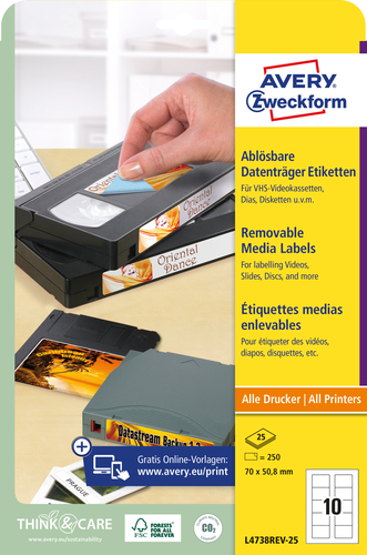 AVERY ZWECKFORM Disketten-Etiketten 70x50,8mm L4738REV-25 non-perm. 250 Stk./25 Bl.