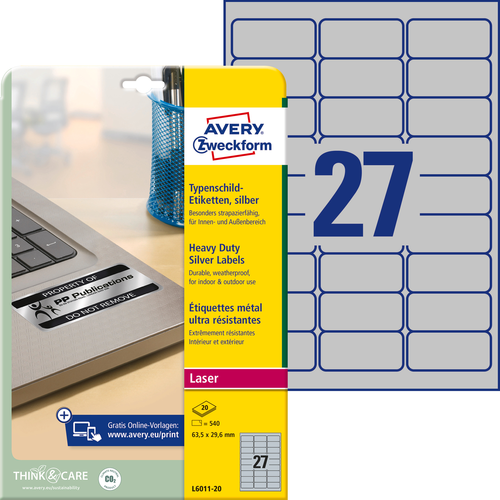 AVERY ZWECKFORM Typenschild-Labels 63,5x29,6mm L6011-20 silber 540Stk./20Bl.