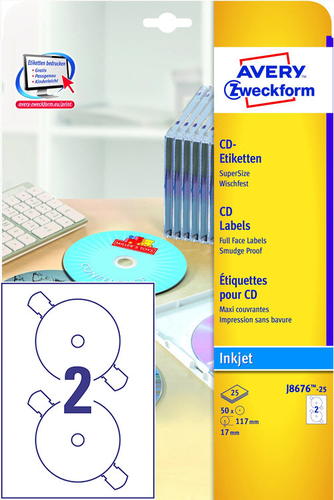 AVERY ZWECKFORM CD-Etiketten SuperSize 117mm J8676-25 InkJet, weiss 50 Stk./25 Bl.