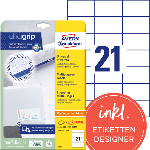 AVERY ZWECKFORM Universaletiketten 70x42,3mm 6174 weiss 630 Stk./25 + 5 Blatt