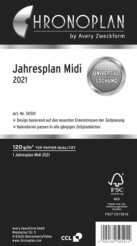 CHRONOPLAN Midi Jahresplaner 2021 50501Z.21 96x172mm6M/1S