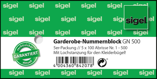 SIGEL Garderobe-Nummernblock GN500 num.1-500,2fbg,sort,5x100 BL