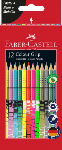 FABER-CASTELL Colour Grip 12er-Kartonetui 201569 4xPastell,4xNeon,4xMetallic