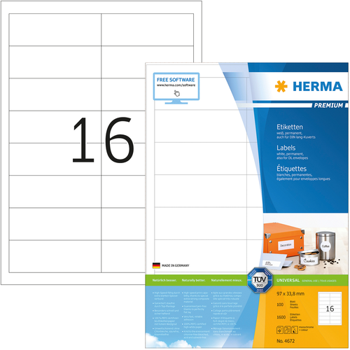 HERMA Etiketten Premium 96,533,8mm 4672 weiss 1600 Stck