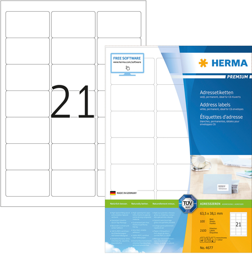 HERMA Etiketten Premium 63,5x38,1mm 4677 weiss 2100 Stck