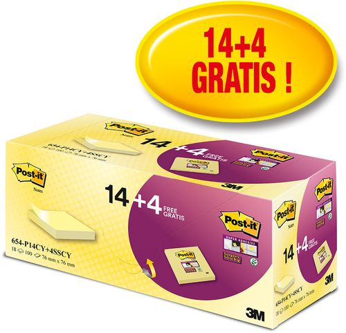 POST-IT Notes Promo Pack 77x76mm 654P14CY+ canary yellow 14+4