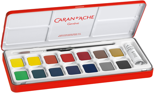 CARAN DACHE Gouache Studio Wasserfarben 1000.315 14 Farben, 1 x wei + Pinsel
