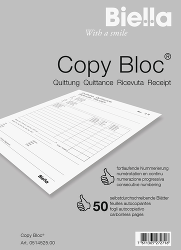 BIELLA Quittung COPY-BLOC D/F/I/E A5 514525.00 selbstdurchschreib. 50x2 Blatt