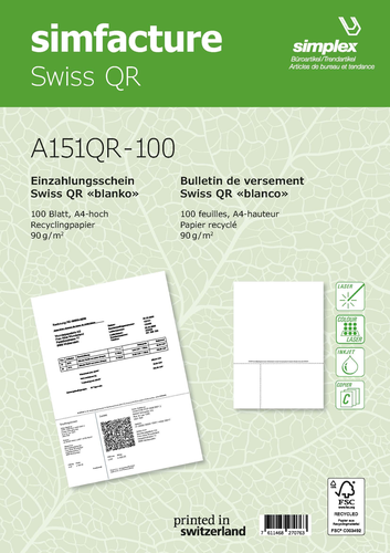 SIMPLEX Simfacture Swiss QR Recycl. A4 A151QR-100 universal, 90g 100 Blatt