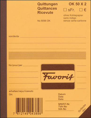 FAVORIT Quittungen D A6 9096 W weiss/weiss 50x2 Blatt