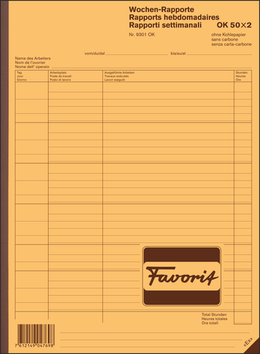 FAVORIT Wochen-Rapporte D/F/I A4 9301 OK Durchschreibepapier 50x2 Blatt