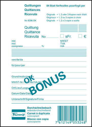 FAVORIT Quittungen OK BONUS D/F/I A6 8396 OK Durchschreibepapier 84 Blatt