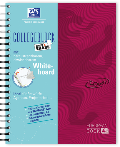 OXFORD European Book, Whiteboard A4+ 400132984 kariert, beere 120 Blatt