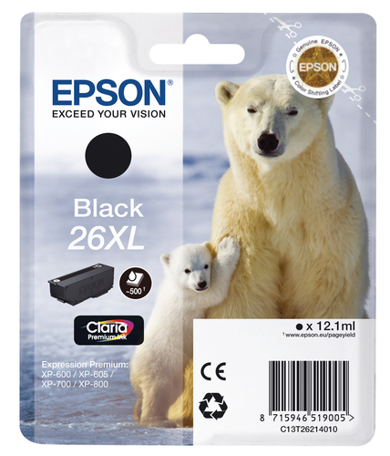 EPSON Tintenpatrone 26XL schwarz T262140 XP 700/800 500 Seiten