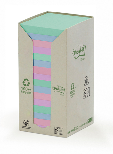 POST-IT Haftnotizen Recycling 76x76mm 654-1RPT 4-farbig, 16x100 Blatt