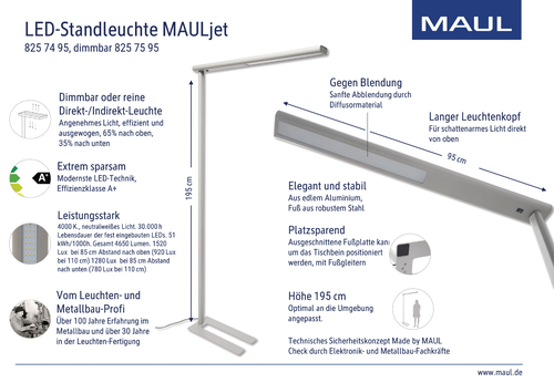 MAUL LED-Stehleuchte MAULjet 8257595 silber, dimmbar