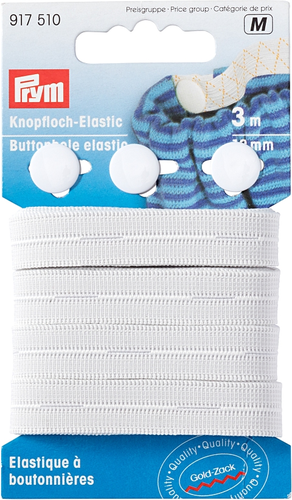 Prym Knopfloch-Elastic mit 3 Wsche-Doppelknopf, weiss 12 mm, Karte 3 m, Knopf 12 mm