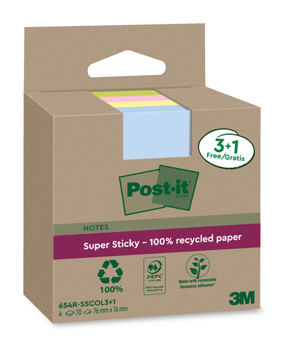POST-IT SuperSticky Notes 76x76mm 654 RSSCOL 3+1F Recycling,assort. 4x70 Blatt