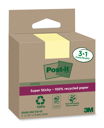 POST-IT SuperSticky Notes 76x76mm 654 RSSCY 3+1F Recycling,gelb 4x70 Blatt