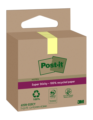 POST-IT SuperSticky Notes 47.6x47.6mm 622 RSS3CY Recycling,gelb 3x70 Blatt
