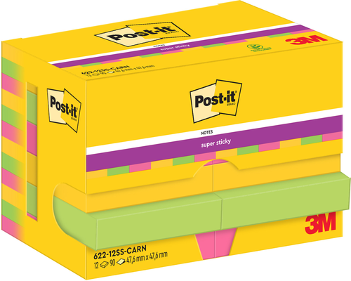 POST-IT Super Sticky Notes 47.6x47.6mm 622-12SS-CAR 3-farbig 12x90 Blatt