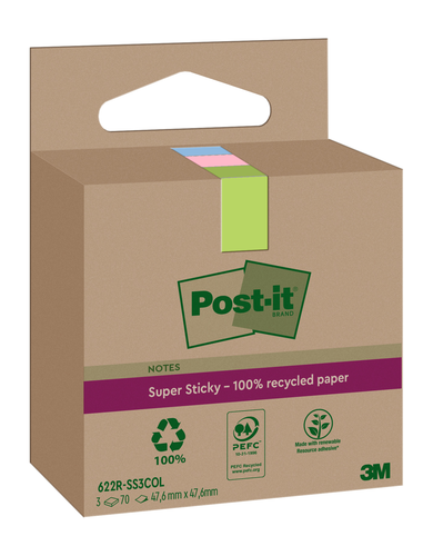 POST-IT SuperSticky Notes 47.6x47.6mm 622 RSS3COL Recycling,assort. 3x70 Blatt