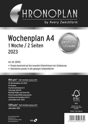 CHRONOPLAN Ersatz Jahresplan DE 2024 50704Z.24 A4, schwarz, 1W/2S