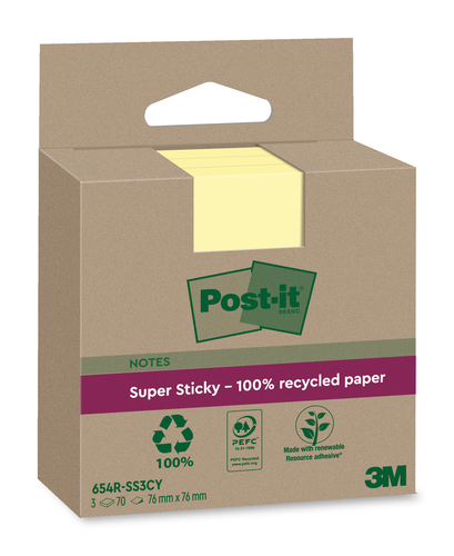 POST-IT SuperSticky Notes 76x76mm 654 RSS3CY Recycling,gelb 3x70 Blatt