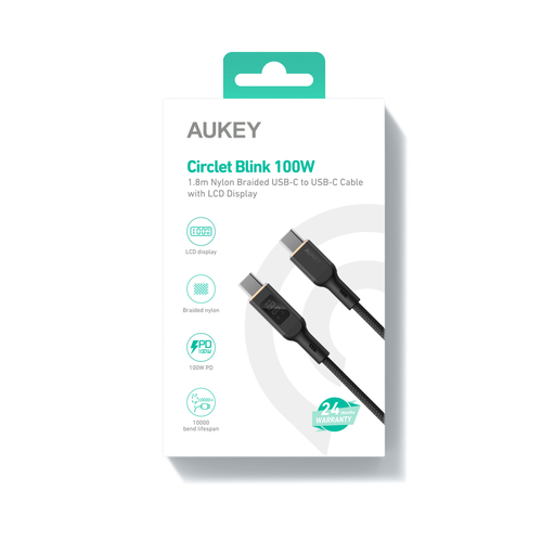 AUKEY Cable USB-C-to-C,LCD Display CB-MCC102 1.8m,Nylon Braided, 100W,Bl.