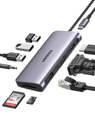 UGREEN USB-C Hub 10in1 HDMI,VGA,RJ45 80133 3.5mm,SD TF,3xUSB-A, USB-C PD